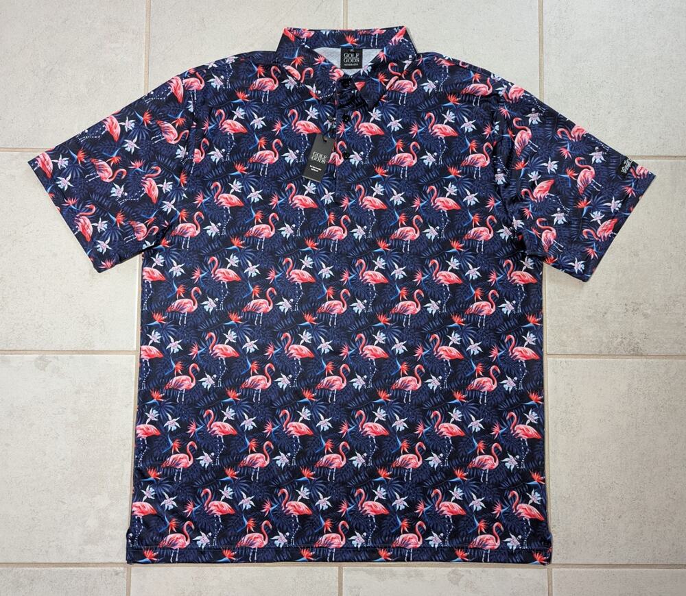 Golf Gods Men's XL Flowers and Flamingo Cool Tech Premium Short Sleeve Stretch